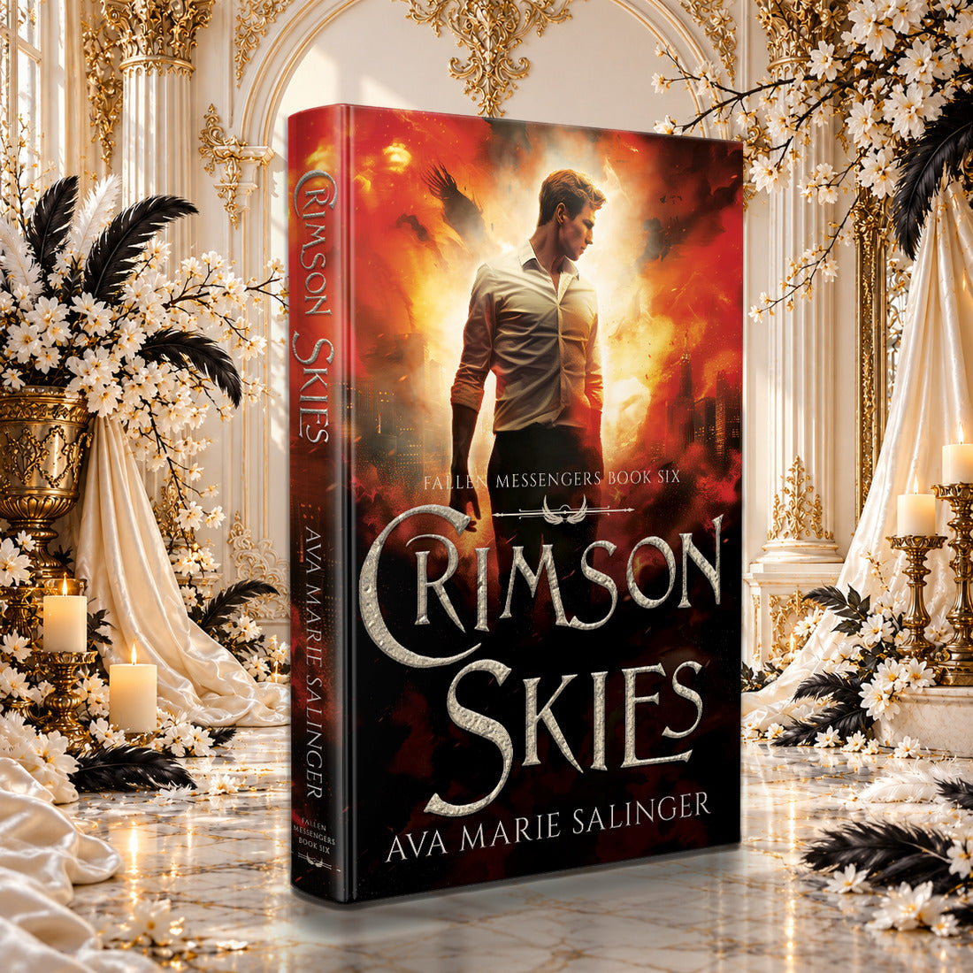 Crimson Skies (Fallen Messengers Book 6) Hardback by Ava Marie Salinger among white blossoms, gold candlesticks and ivory silk