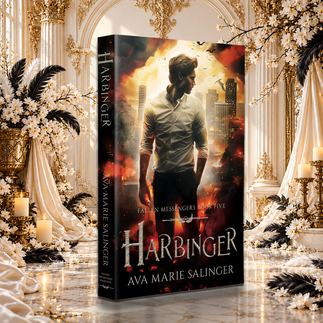 Harbinger (Fallen Messengers Book 5) Paperback by Ava Marie Salinger among white blossoms, gold candlesticks and ivory silk