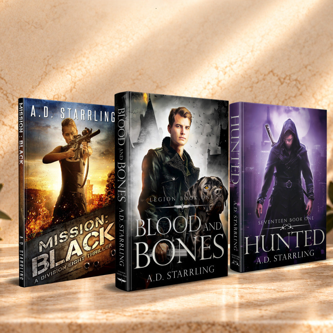 Hardback bundles: Mission Black, Blood and Bones and Hunted hardbacks