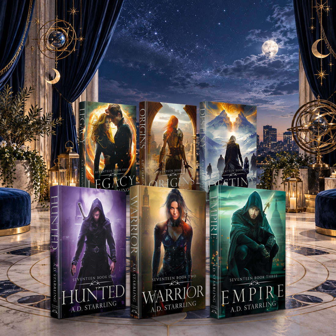Seventeen Books 1-6 complete series hardbacks by A.D. Starrling on a marble plinth above the Boston skyline