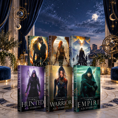 Seventeen Books 1-6 complete series hardbacks by A.D. Starrling on a marble plinth above the Boston skyline