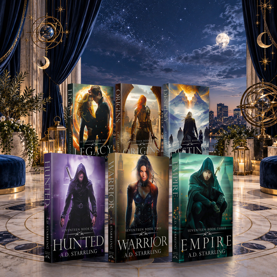 Seventeen Books 1-6 complete series paperbacks by A.D. Starrling on a marble plinth above the Boston skyline