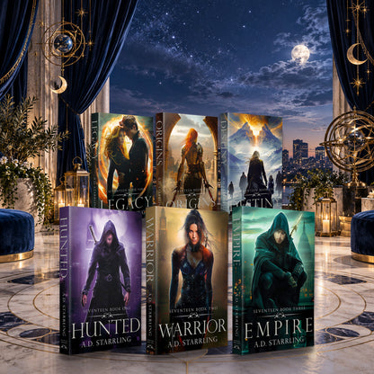 Seventeen Books 1-6 complete series paperbacks by A.D. Starrling on a marble plinth above the Boston skyline