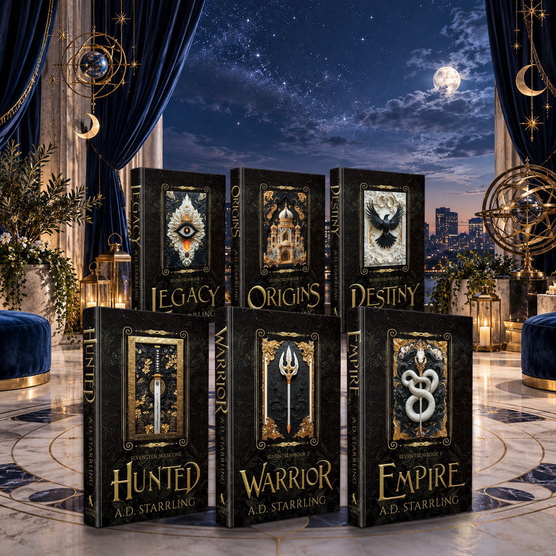 Seventeen Books 1-6 complete series special edition hardbacks by A.D. Starrling on a marble plinth above the Boston skyline