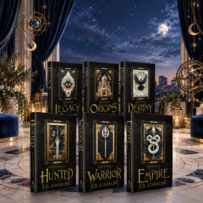 Seventeen Books 1-6 complete series special edition hardbacks by A.D. Starrling on a marble plinth above the Boston skyline
