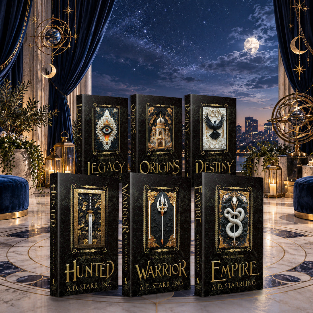 Seventeen Books 1-6 complete series special edition paperbacks by A.D. Starrling on a marble plinth above the Boston skyline