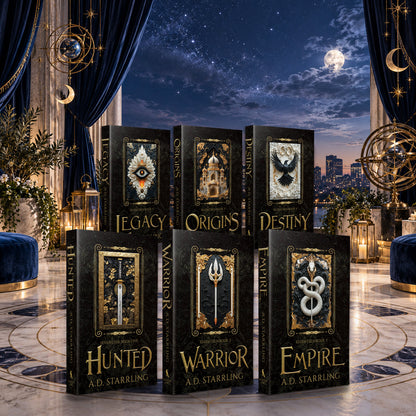 Seventeen Books 1-6 complete series special edition paperbacks by A.D. Starrling on a marble plinth above the Boston skyline