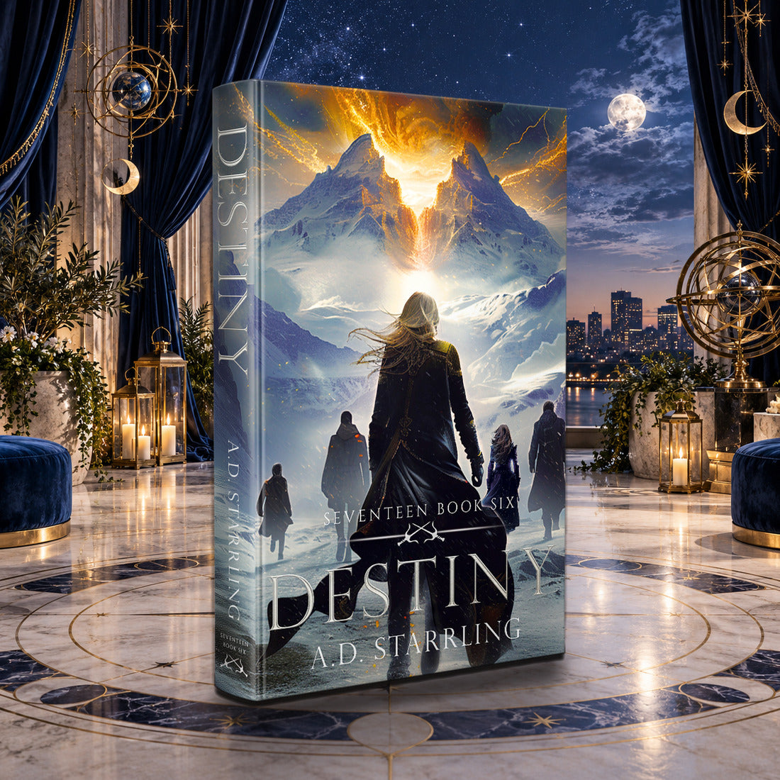 Destiny (Seventeen Book 6) Hardback by A.D. Starrling in a moonlit penthouse above the Boston skyline
