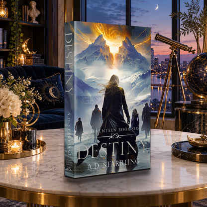 Destiny (Seventeen Book 6) Paperback by A.D. Starrling on a marble table with a telescope and the Boston skyline at dusk