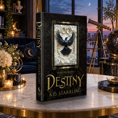Destiny (Seventeen Book 6) Special Edition Hardback by A.D. Starrling on a marble table with a telescope and the Boston skyline at dusk