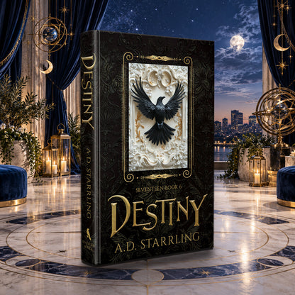 Destiny (Seventeen Book 6) Special Edition Hardback by A.D. Starrling in a moonlit penthouse above the Boston skyline