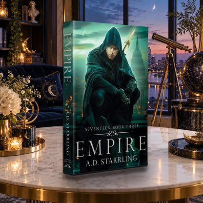 Empire (Seventeen Book 3) Paperback by A.D. Starrling on a marble table with a telescope and the Boston skyline at dusk