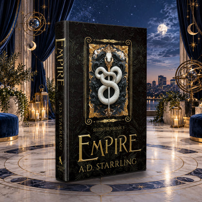 Empire (Seventeen Book 3) Special Edition Hardback by A.D. Starrling in a moonlit penthouse above the Boston skyline