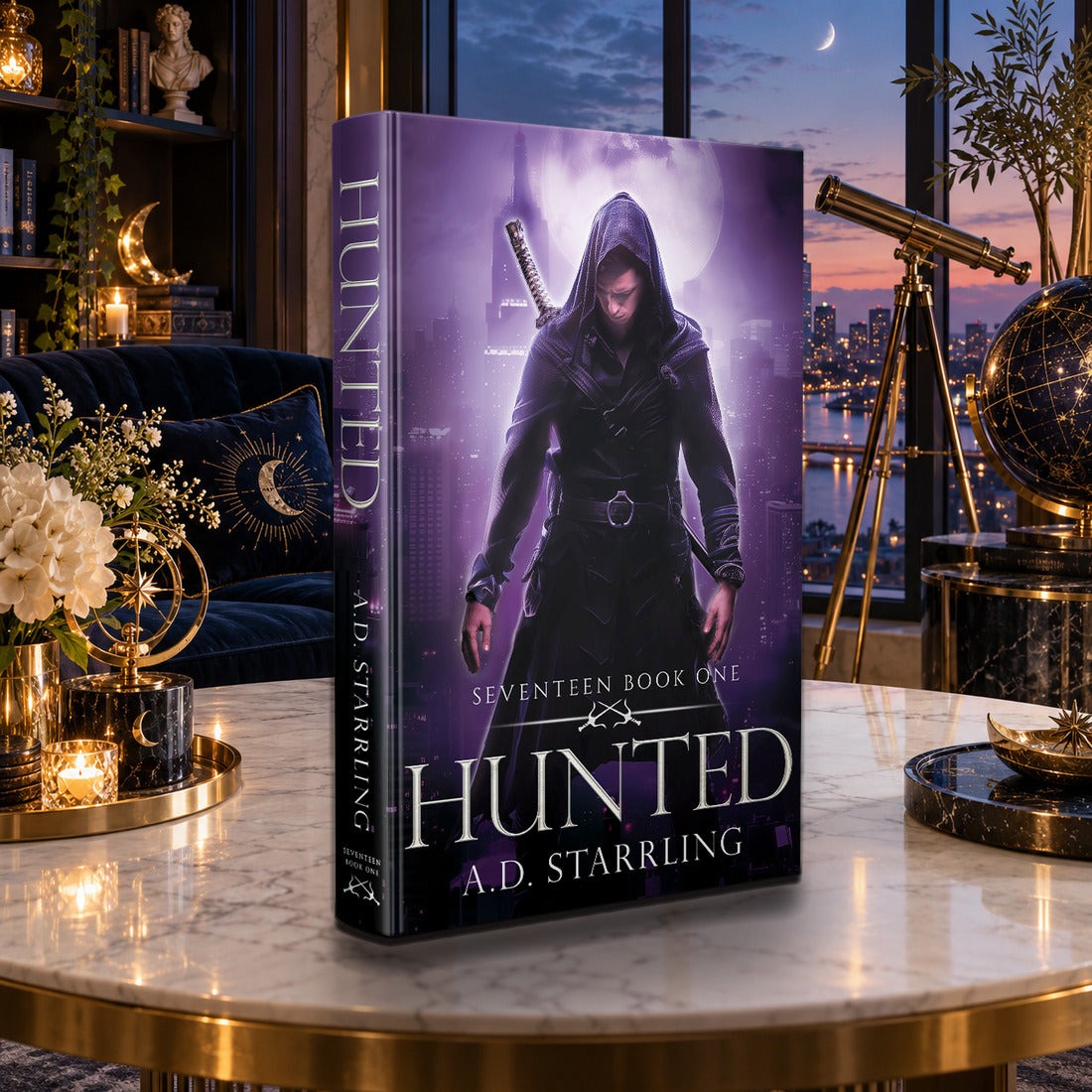 Hunted (Seventeen Book 1) Hardback by A.D. Starrling on a marble table with a telescope and the Boston skyline at dusk