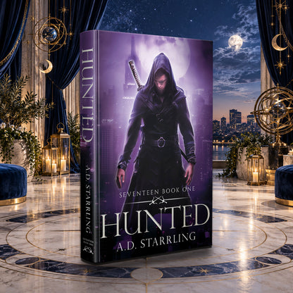 Hunted (Seventeen Book 1) Hardback by A.D. Starrling in a moonlit penthouse above the Boston skyline
