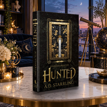 Hunted (Seventeen Book 1) Special Edition Hardback by A.D. Starrling on a marble table with a telescope and the Boston skyline at dusk