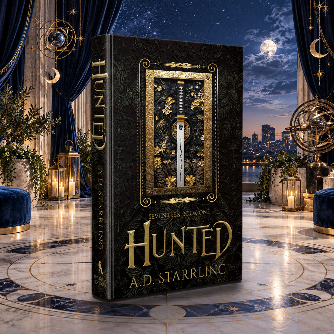 Hunted (Seventeen Book 1) Special Edition Hardback by A.D. Starrling in a moonlit penthouse above the Boston skyline