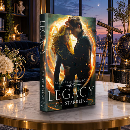 Legacy (Seventeen Book 4) Hardback by A.D. Starrling on a marble table with a telescope and the Boston skyline at dusk