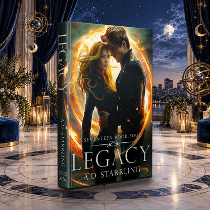 Legacy (Seventeen Book 4) Hardback by A.D. Starrling in a moonlit penthouse above the Boston skyline