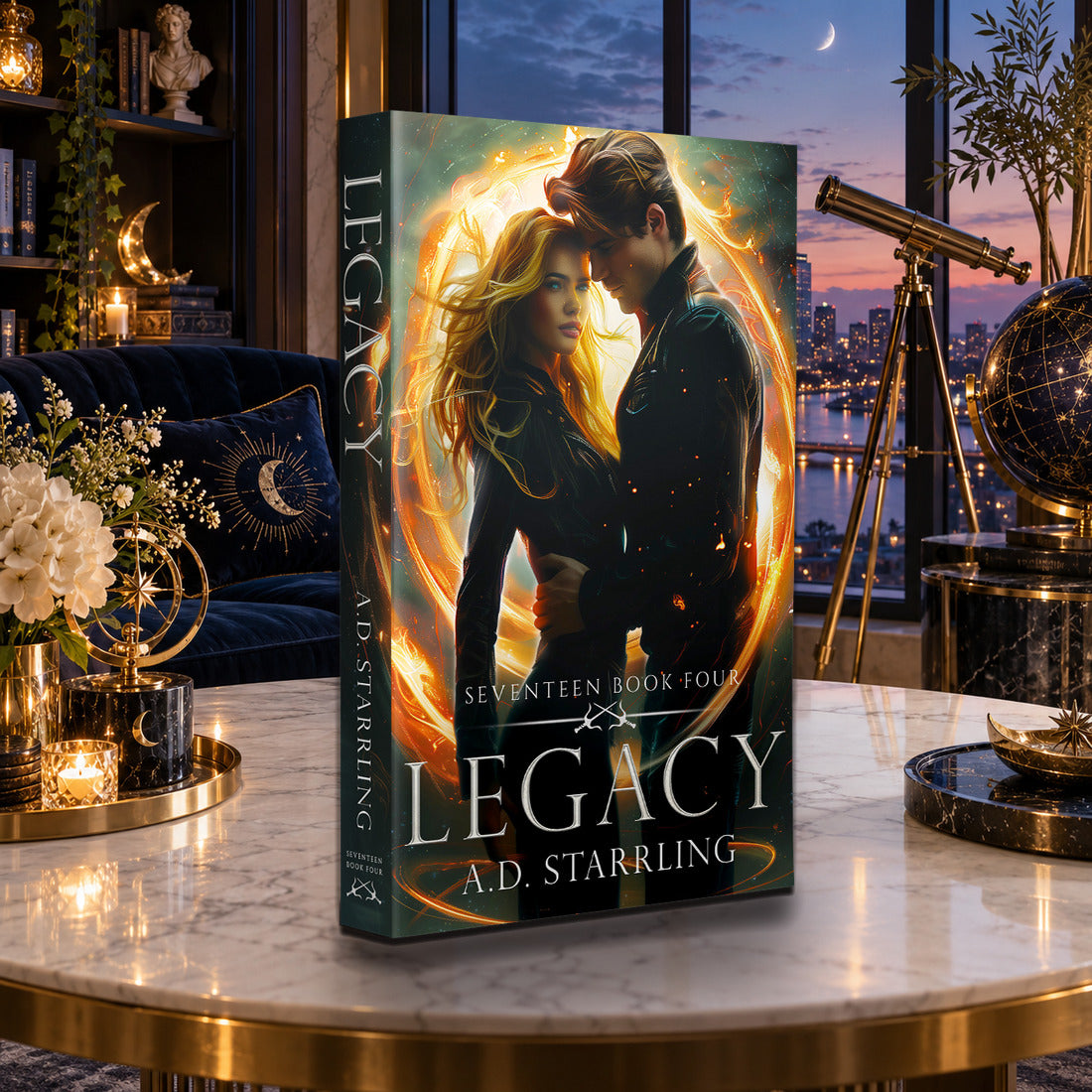 Legacy (Seventeen Book 4) Paperback by A.D. Starrling on a marble table with a telescope and the Boston skyline at dusk