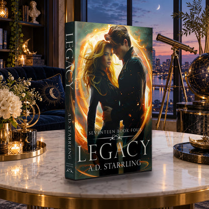 Legacy (Seventeen Book 4) Paperback by A.D. Starrling on a marble table with a telescope and the Boston skyline at dusk