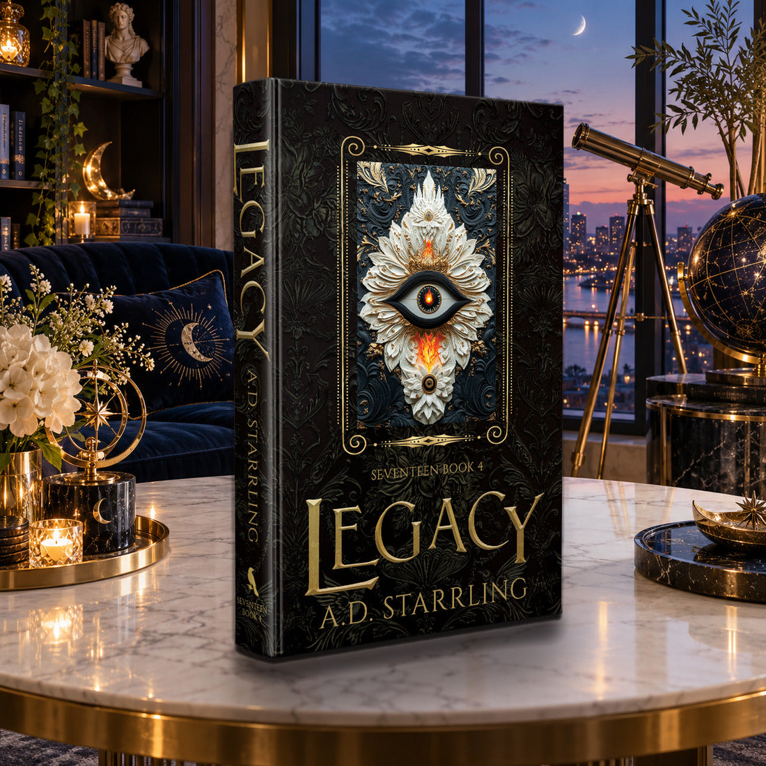 Legacy (Seventeen Book 4) Special Edition Hardback by A.D. Starrling on a marble table with a telescope and the Boston skyline at dusk