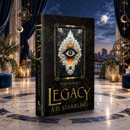 Legacy (Seventeen Book 4) Special Edition Hardback by A.D. Starrling in a moonlit penthouse above the Boston skyline