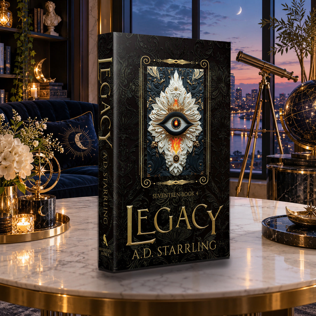 Legacy (Seventeen Book 4) Special Edition Paperback by A.D. Starrling on a marble table with a telescope and the Boston skyline at dusk