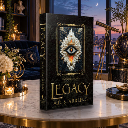 Legacy (Seventeen Book 4) Special Edition Paperback by A.D. Starrling on a marble table with a telescope and the Boston skyline at dusk