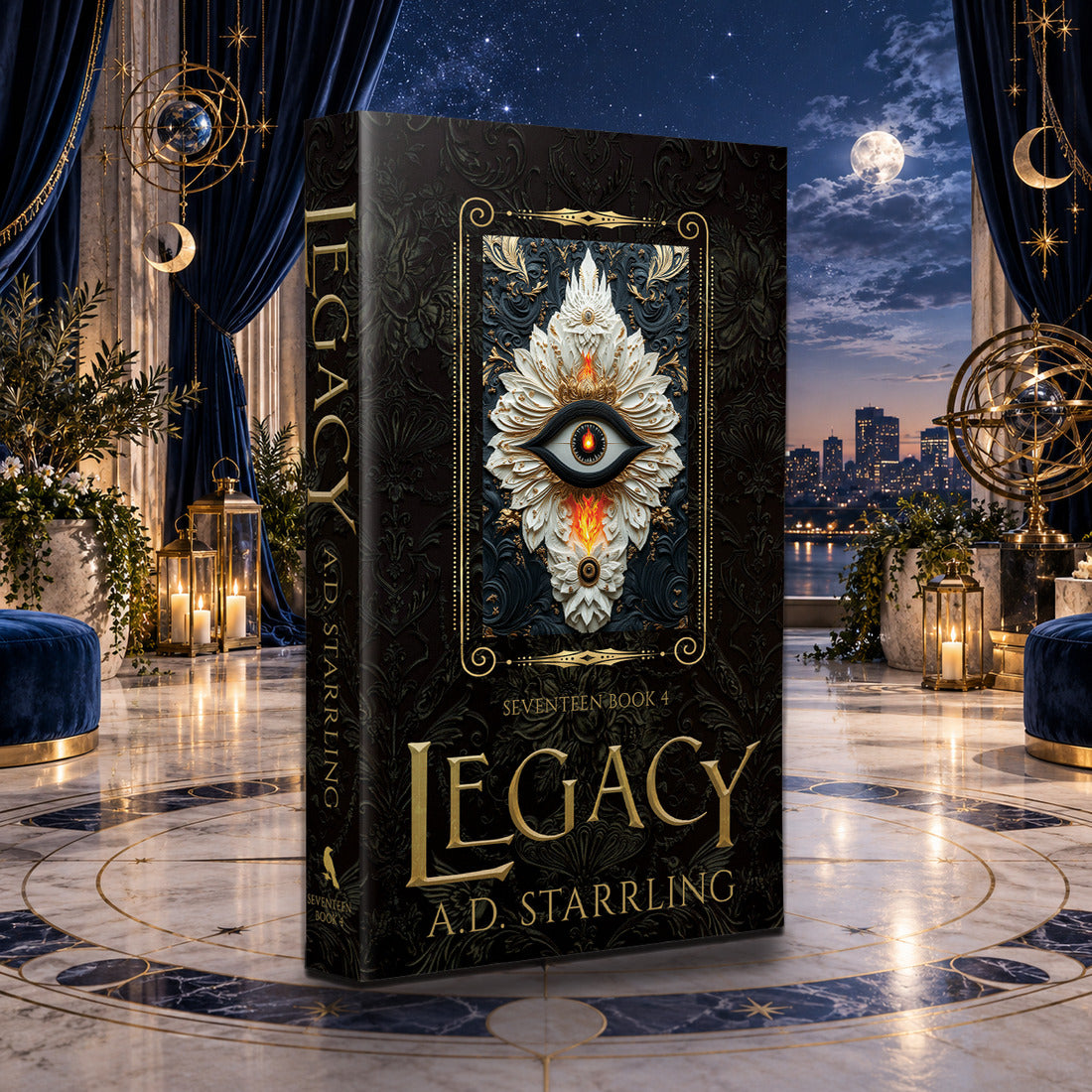 Legacy (Seventeen Book 4) Special Edition Paperback by A.D. Starrling in a moonlit penthouse above the Boston skyline