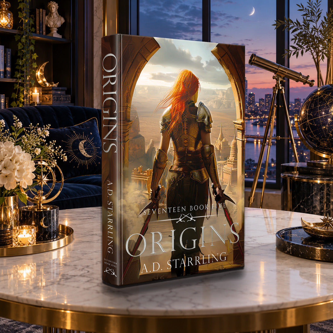 Origins (Seventeen Book 5) Hardback by A.D. Starrling on a marble table with a telescope and the Boston skyline at dusk
