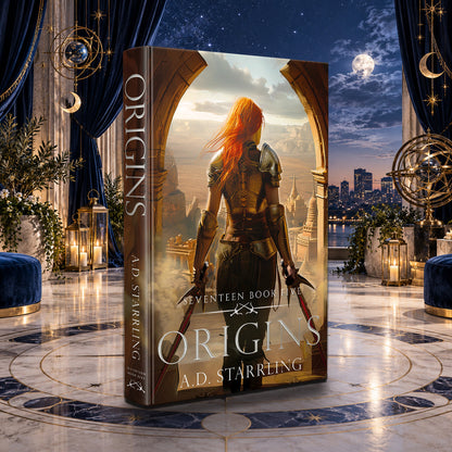 Origins (Seventeen Book 5) Hardback by A.D. Starrling in a moonlit penthouse above the Boston skyline