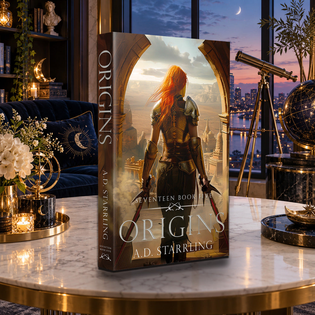 Origins (Seventeen Book 5) Paperback by A.D. Starrling on a marble table with a telescope and the Boston skyline at dusk
