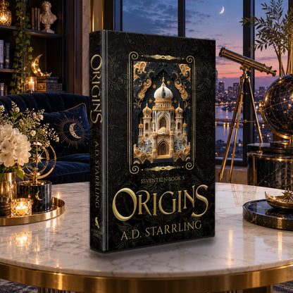 Origins (Seventeen Book 5) Special Edition Hardback by A.D. Starrling on a marble table with a telescope and the Boston skyline at dusk