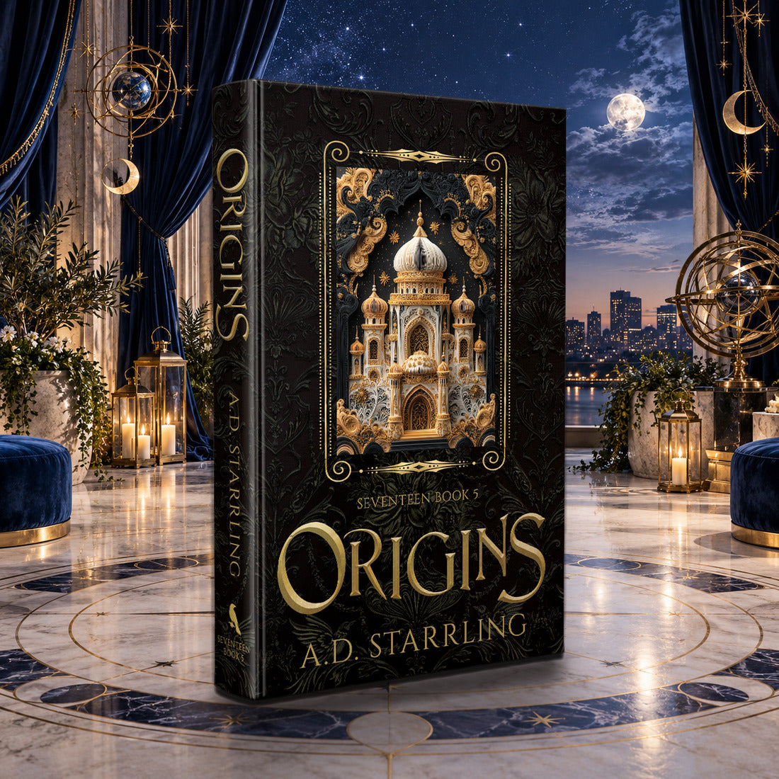 Origins (Seventeen Book 5) Special Edition Hardback by A.D. Starrling in a moonlit penthouse above the Boston skyline