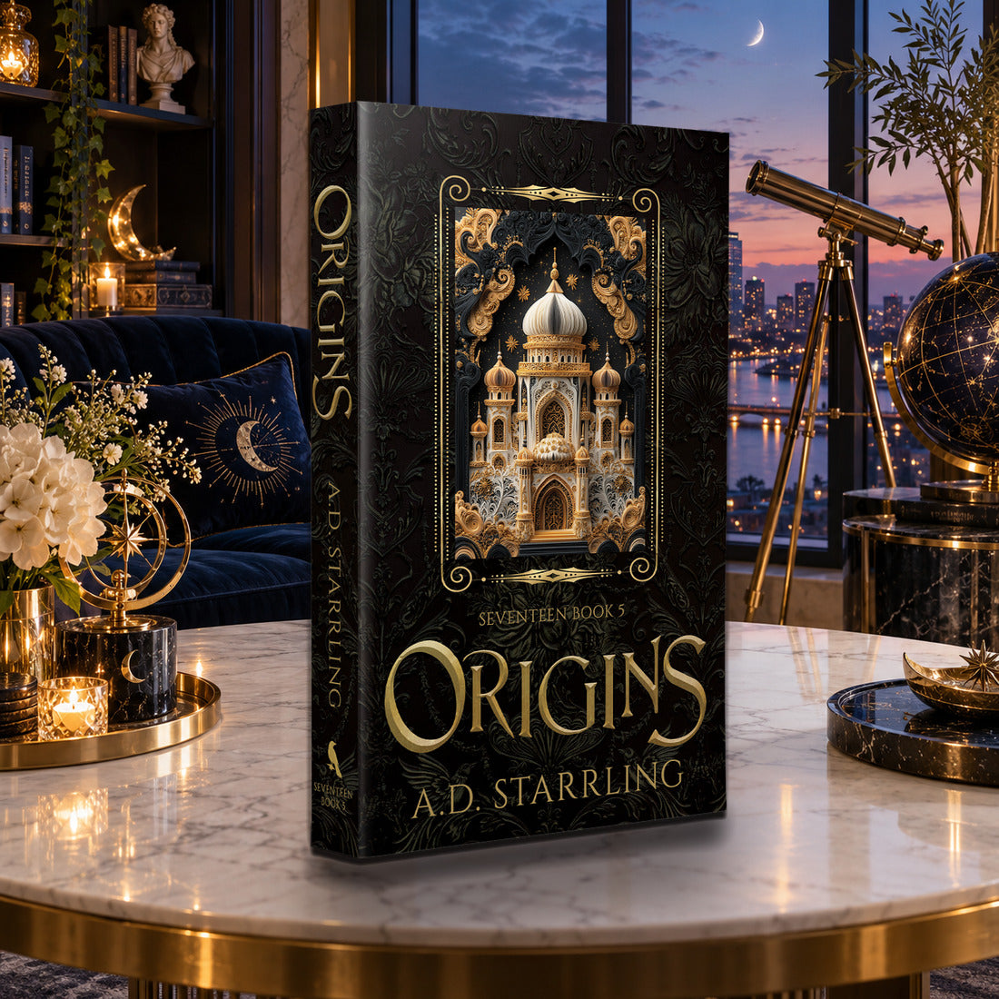 Origins (Seventeen Book 5) Special Edition Paperback by A.D. Starrling on a marble table with a telescope and the Boston skyline at dusk