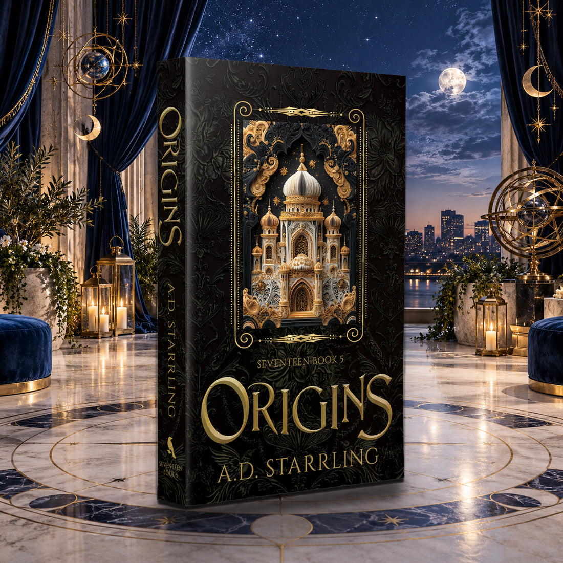 Origins (Seventeen Book 5) Special Edition Paperback by A.D. Starrling in a moonlit penthouse above the Boston skyline