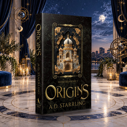 Origins (Seventeen Book 5) Special Edition Paperback by A.D. Starrling in a moonlit penthouse above the Boston skyline