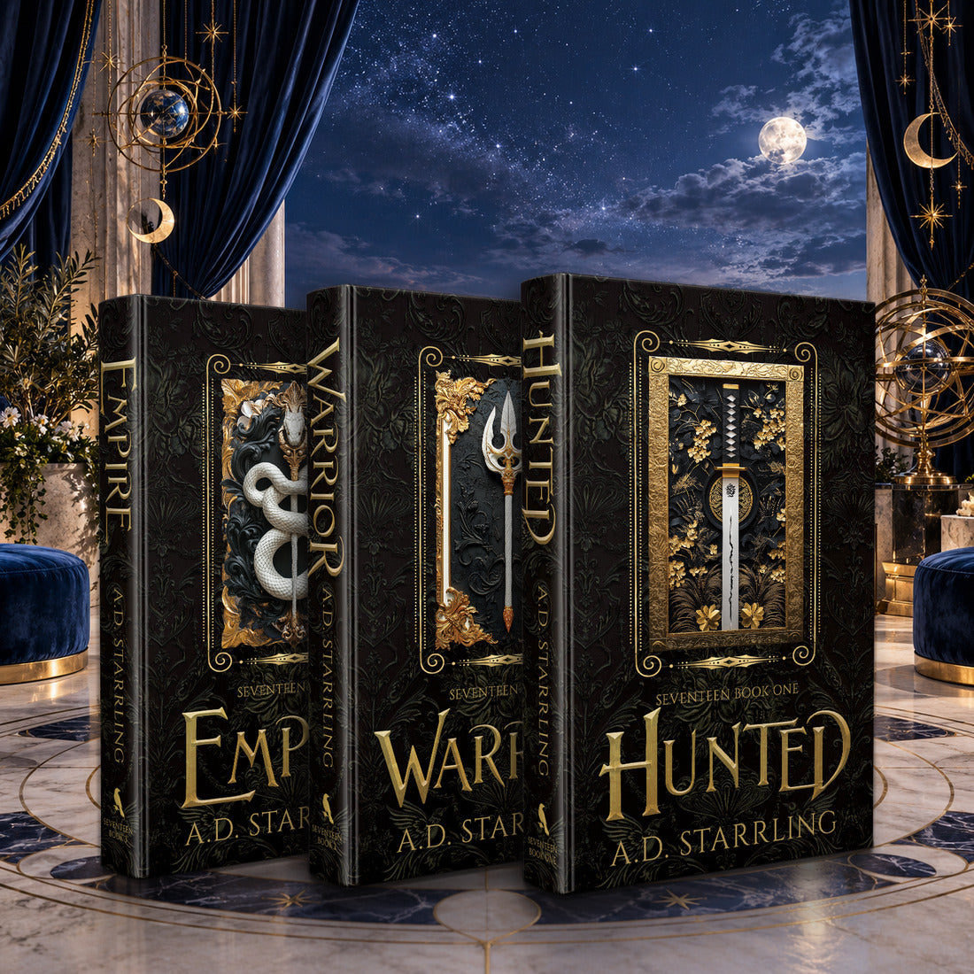 Seventeen Books 1-3 special edition hardback starter bundle by A.D. Starrling in a moonlit penthouse above the Boston skyline