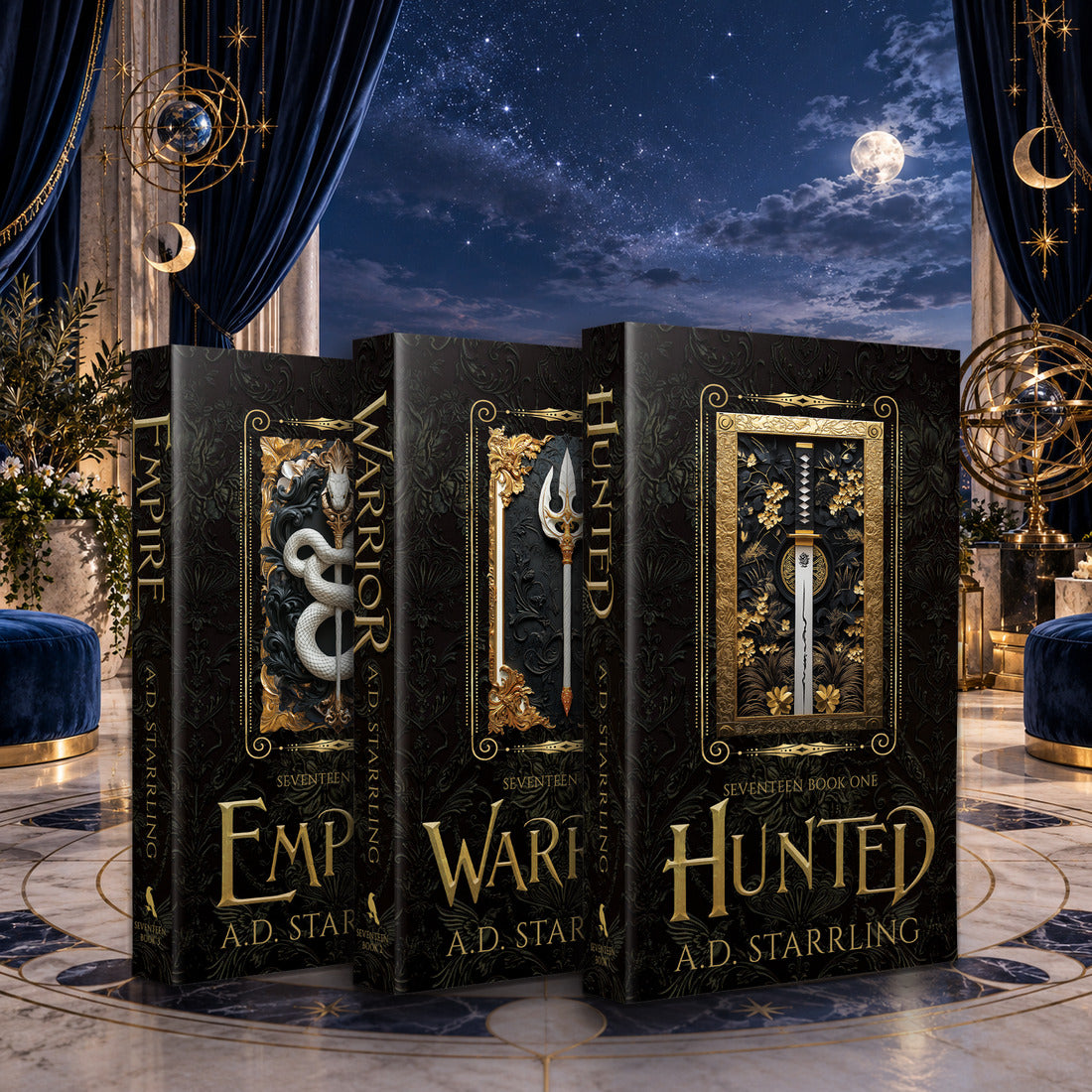 Seventeen Books 1-3 special edition paperback starter bundle by A.D. Starrling in a moonlit penthouse above the Boston skyline