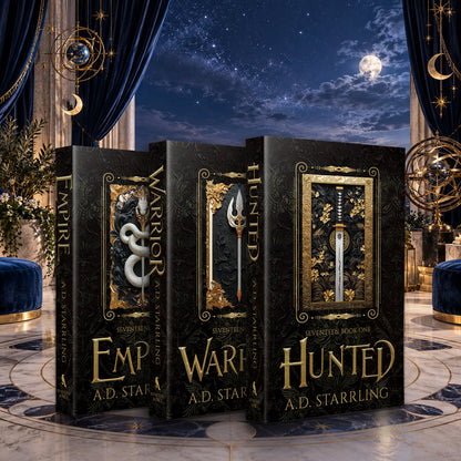 Seventeen Books 1-3 special edition paperback starter bundle by A.D. Starrling in a moonlit penthouse above the Boston skyline