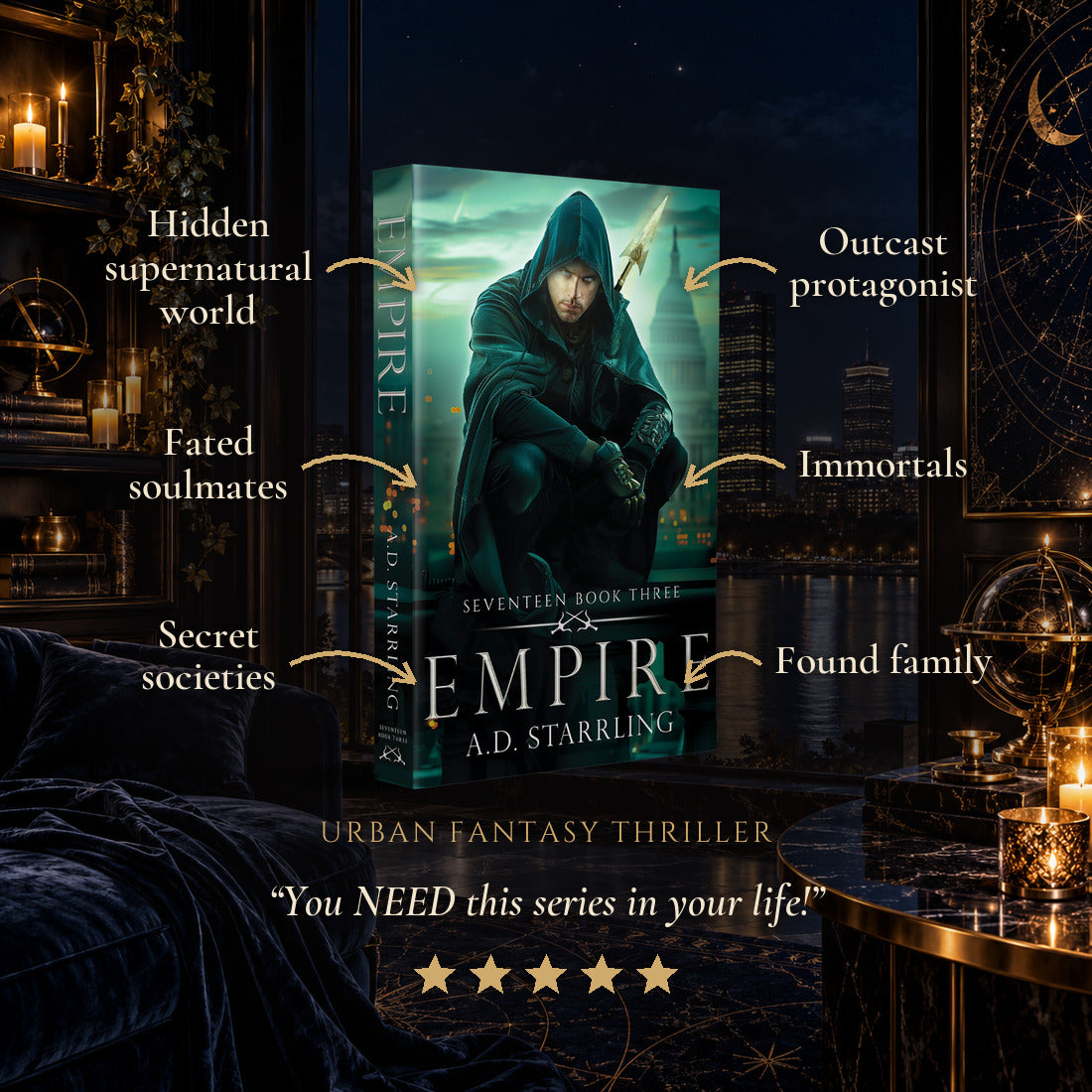 Empire Paperback tropes: Hidden supernatural world, Fated soulmates, Secret societies, Outcast protagonist, Immortals, Found family. Five-star reader review.