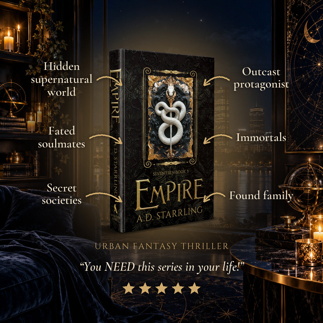 Empire Special Edition Hardback tropes: Hidden supernatural world, Fated soulmates, Secret societies, Outcast protagonist, Immortals, Found family. Five-star reader review.