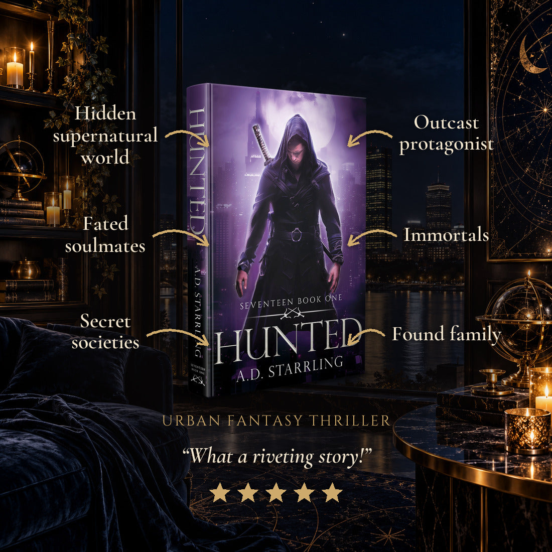 Hunted Hardback tropes: Hidden supernatural world, Fated soulmates, Secret societies, Outcast protagonist, Immortals, Found family. Five-star reader review.