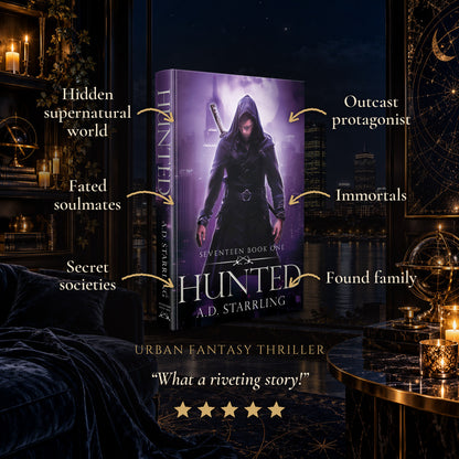 Hunted Hardback tropes: Hidden supernatural world, Fated soulmates, Secret societies, Outcast protagonist, Immortals, Found family. Five-star reader review.