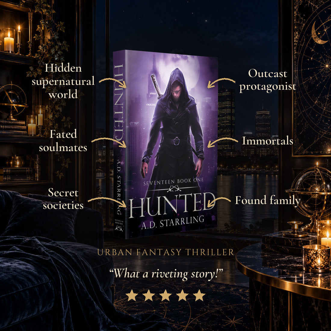 Hunted Paperback tropes: Hidden supernatural world, Fated soulmates, Secret societies, Outcast protagonist, Immortals, Found family. Five-star reader review.