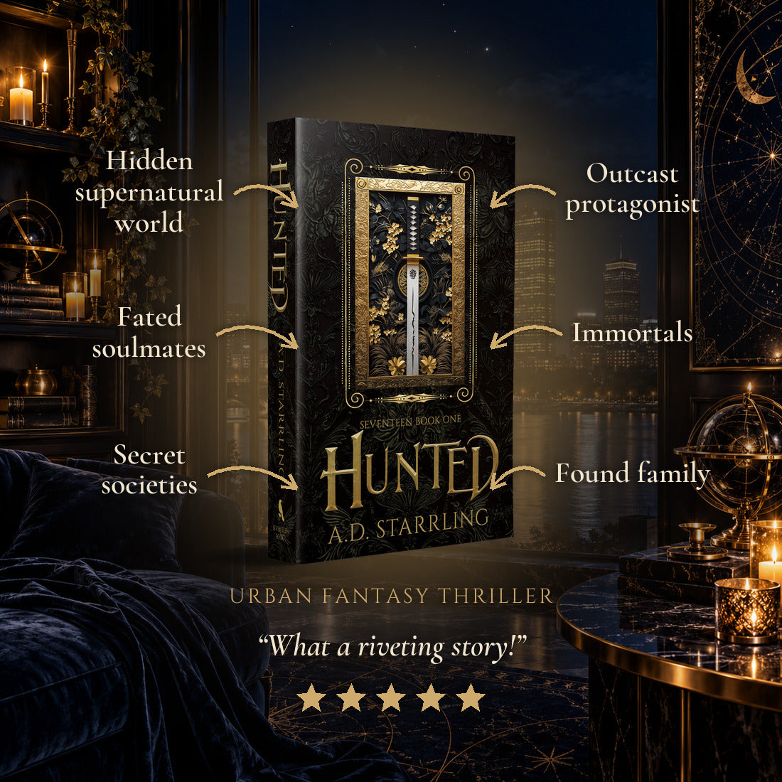 Hunted Special Edition Paperback tropes: Hidden supernatural world, Fated soulmates, Secret societies, Outcast protagonist, Immortals, Found family. Five-star reader review.