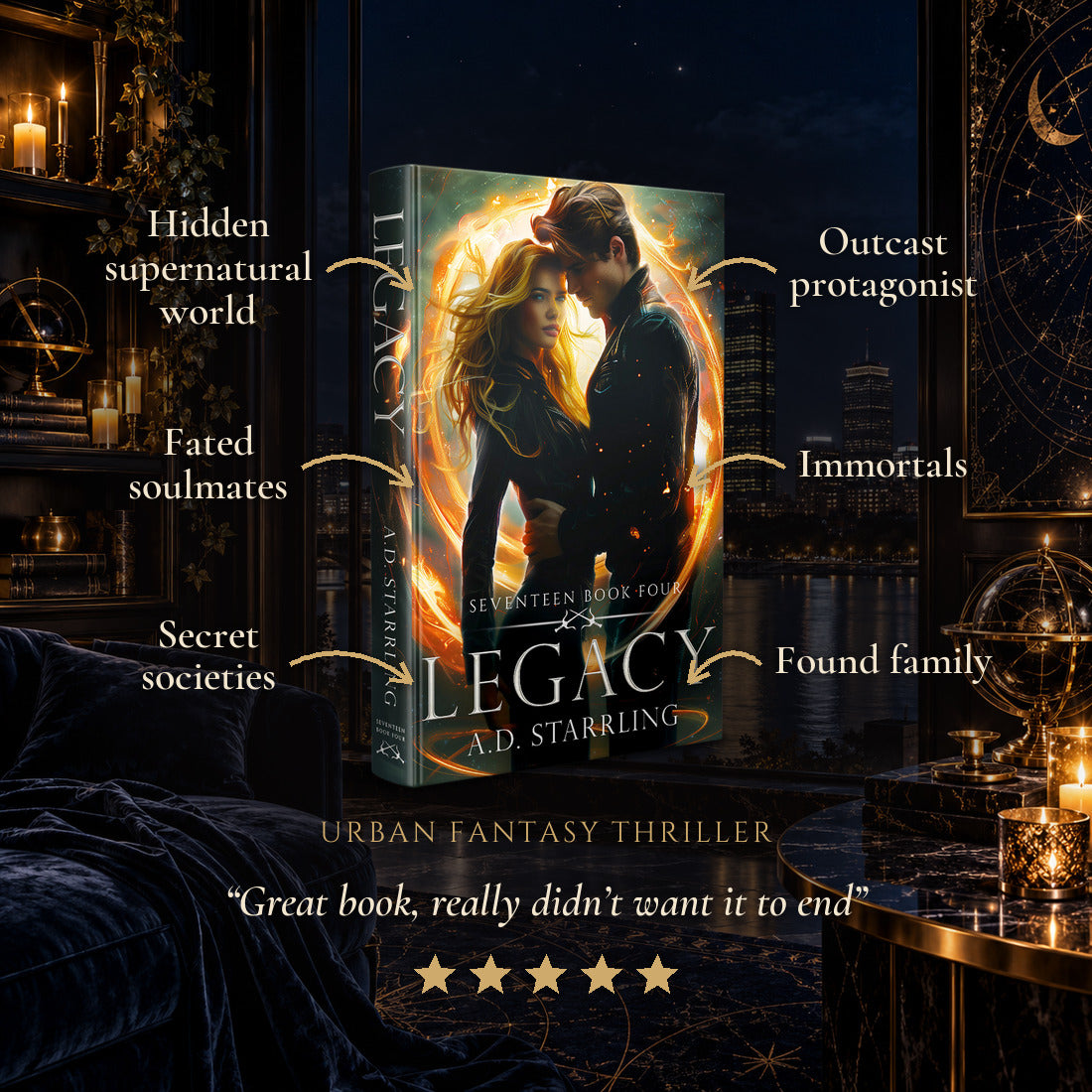 Legacy Hardback tropes: Hidden supernatural world, Fated soulmates, Secret societies, Outcast protagonist, Immortals, Found family. Five-star reader review.