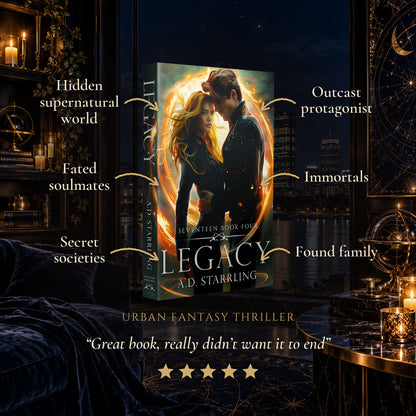 Legacy Paperback tropes: Hidden supernatural world, Fated soulmates, Secret societies, Outcast protagonist, Immortals, Found family. Five-star reader review.