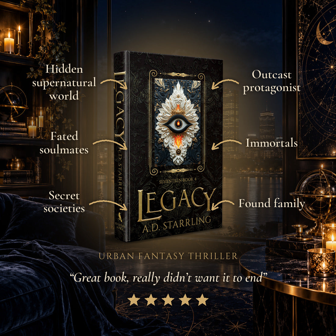 Legacy Special Edition Hardback tropes: Hidden supernatural world, Fated soulmates, Secret societies, Outcast protagonist, Immortals, Found family. Five-star reader review.